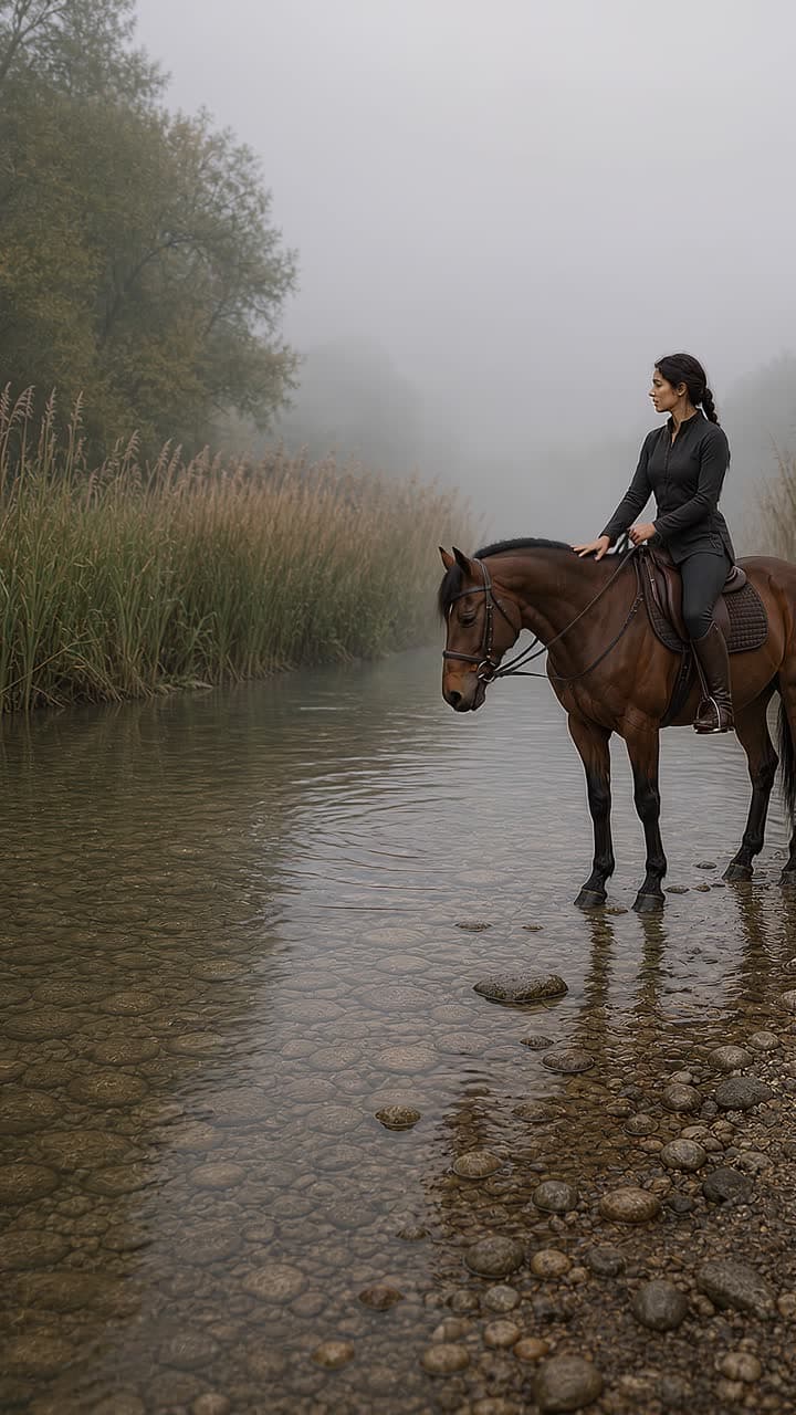 A rider walks a horse into a shallow river in dawn fog