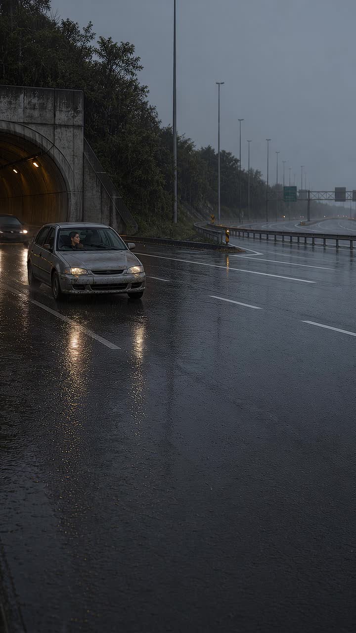 A car runs a wet motorway out of a tunnel mouth