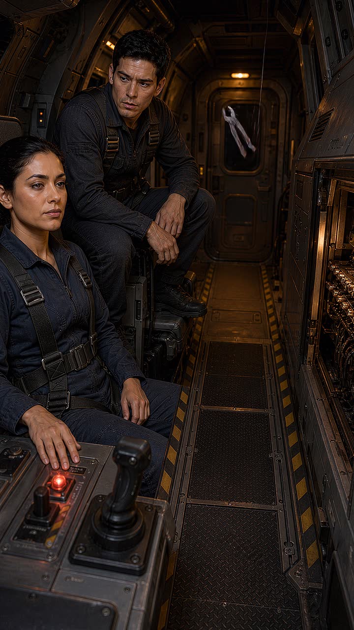 Two crew at the controls of a working ship's cockpit